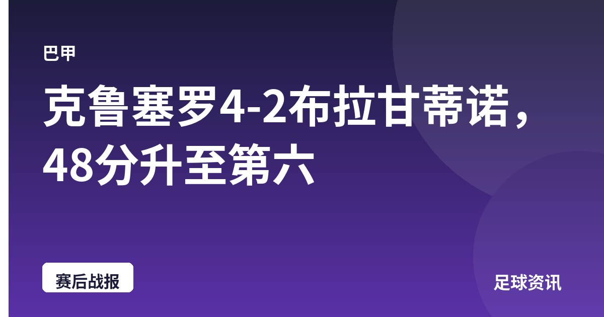 克鲁塞罗4-2布拉甘蒂诺，48分升至第六